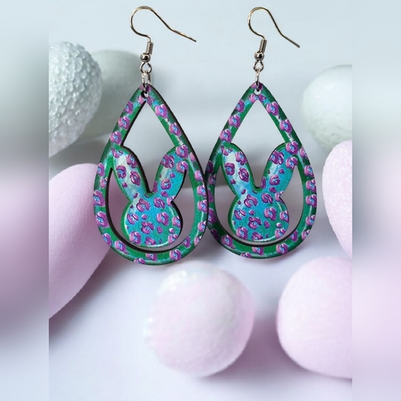 Wood Purple & Blue Teardrop Bunny Earrings - Picture 2 of 4